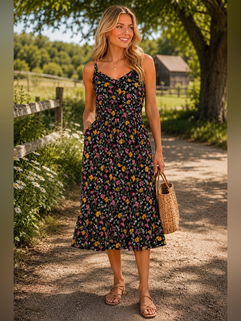 Old Navy Garden Floral Midi Dress M Black Pink Yellow Cami Smocked Wildflowers